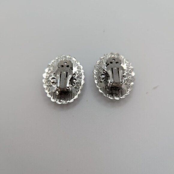 West Germany Black Cameo Silver Tone Filigree Clip-On Earrings 1960s - Picture 2 of 4